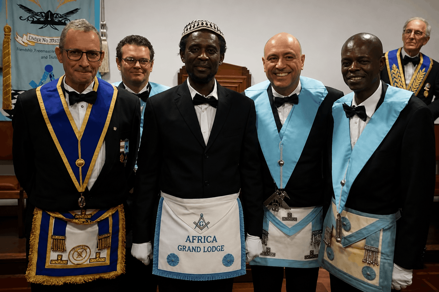 regenerate this Image and manatin the same dimensions and colors but try to add the word: Africa Grand Lodge on the Front Cloth